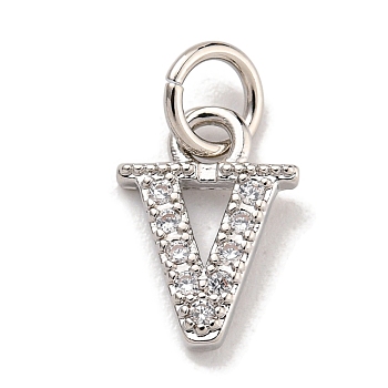 Initial Letter Brass with Cubic Zirconia Charms, Platinum, Long-Lasting Plated, Lead Free & Cadmium Free, Letter V, 10.5x7x1.5mm, ring: 5x1mm, inner diameter: 3mm