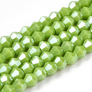 Opaque Solid Color Electroplate Glass Beads Strands, Pearl Luster Plated, Faceted, Bicone, Yellow Green, 2.9~3.3x2.5mm, Hole: 0.7mm, about 145~150pcs/strand, 16.34~16.54 inch(41.5~42cm)(EGLA-A039-P2mm-A21)