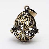 Filigree Teardrop Brass Cage Pendants, For Chime Ball Pendant Necklaces Making, Lead Free & Cadmium Free, Antique Bronze, 29x23x17mm, Hole: 8x4mm, Inner: 21x15mm(KK-N0093-09AB-RS)