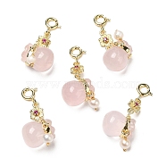 Natural Rose Quartz Lucky Bag Pendant Decoration, Money Bag Gems Ornament with Pearl and Brass Lobster Claw Clasps, Real 14K Gold Plated, 35mm(G-R491-04G)