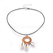 Cowrie Shell Pendant Necklaces, with Woven Linking Rings, 304 Stainless Steel Lobster Claw Clasps and Cowhide Leather Cord, Ring, Sandy Brown, 18.1 inch(46.2cm)(NJEW-JN02312-01)