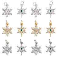 12Pcs 6 Style Rack Plating Brass Micro Pave Cubic Zirconia Pendants, Cadmium Free & Lead Free, with Jump Ring, Star & Snowflake Charm, Mixed Color, 15x10.5~11.5x3~4mm, Hole: 3.5mm, 2pcs/style(KK-FH0006-85)