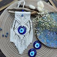 Cotton and Linen Cord Macrame Woven Tassel Wall Hanging, Glass Evil Eye Hanging Ornament with Wood Sticks, for Home Decoration, White, 300x120mm(EVIL-PW0002-10A)