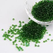 12/0 Glass Seed Beads, Transparent, Round, Green, 2mm, Hole: 1mm, about 3100pcs/50g(X-SEED-A004-2mm-7)
