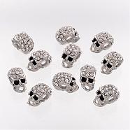 Alloy Rhinestone Beads, Halloween, Skull, Platinum Color, 13x7.5x9mm, Hole: 3mm(ALRI-Q382-1)