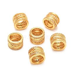 Brass Micro Pave Clear Cubic Zirconia European Beads, Long-Lasting Plated, Large Hole Bead, Column, Real 18K Gold Plated, 10x7mm, Hole: 7mm(ZIRC-P086-35G)