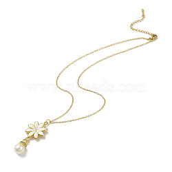 Enamel Flower with Plastic Pearl Pendant Necklace, Ion Plating(IP) 304 Stainless Steel Jewelry for Women, Golden, 16.06 inch(40.8cm)(NJEW-M199-06G)