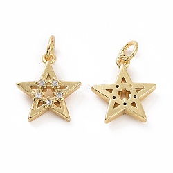 Brass Micro Pave Cubic Zirconia Star Charms, Real 18K Gold Plated, with Jump Ring, Clear, 14x12x2.5mm, Jump Ring: 5x0.8mm, Inner Diameter: 3.2mm(KK-E068-VF043)