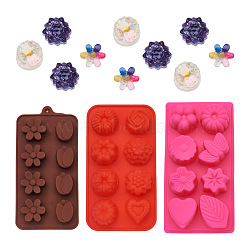 Boutigem 3Pcs 3 Colors Fondant Molds, Food Grade Silicone Molds, for Homemade Cake Chocolate Cupcake, UV Resin & Epoxy Resin Craft Making, Floral & Heart & Leaf & Round & Star & Flat Round, Mixed Color, 203~235x102~120x18.5~35mm, 1pc/color(DIY-BG0001-17)