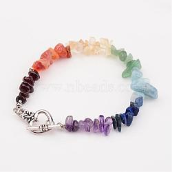Chip Natural Gemstone Beads Bracelets, with Tibetan Style Alloy Bar & Ring Toggle Clasps, 190mm(BJEW-JB02323)
