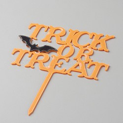 Acrylic Bat & Word Cake Insert Card Decoration, with Self Adhesive, for Halloween Cake Decoration, Word Trick or Treat, Orange, 130x100x1mm(DIY-H109-03)