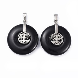 Natural Obsidian Pendants, with Platinum Tone Brass Findings, Donut/Pi Disc with Tree of Life, 35.5x30x8.5~9.5mm, Hole: 4.5x6.5mm(G-F640-E04)