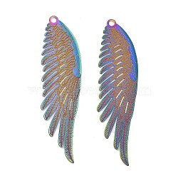 304 Stainless Steel Big Pendants, Etched Metal Embellishments, Wing Charm, Rainbow Color, 51.5x15.5x0.3mm, Hole: 1.8mm(STAS-I329-06RC)