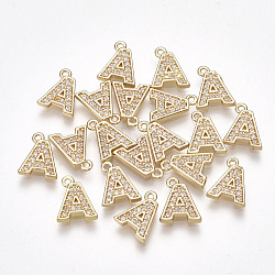 Brass Cubic Zirconia Charms, Letter, Clear, Real 18K Gold Plated, Letter.A, 10x8x1.5mm, Hole: 1mm(KK-S348-330A)