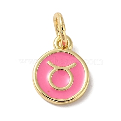 Real 18K Gold Plated Brass Enamel Charms, with Jump Ring, Long-Lasting Plated, Lead Free & Cadmium Free, Flat Round with Taurus Charms, Pearl Pink, 10x8x1mm, Hole: 4mm(KK-L216-001G-D04)