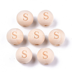 Unfinished Natural Wood European Beads, Large Hole Beads, Laser Engraved Pattern, Round with Word, Letter.S, 15~16x14~15mm, Hole: 4mm(WOOD-S045-143A-01S)