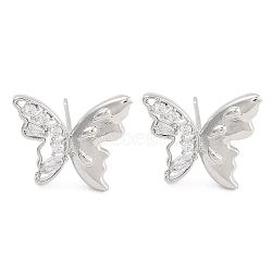 Butterfly Brass Pave Clear Cubic Zirconia Stud Earrings for Women, Platinum, 11.5x14x2.5mm(EJEW-S216-03P)