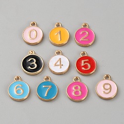 Alloy Enamel Charms, Golden, Flat Round with Number 0-9 Charm, Mixed Color, 14x11x2mm, Hole: 1.6mm, 10 colors, 1pc/color, 10pcs/set(FIND-WH0110-869)