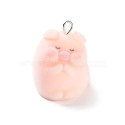 Flocking Resin Cute Pendants, Pig Charms with Platinum Plated Iron Loops, PeachPuff, 30.5x25x27mm, Hole: 3.5x2.5mm(RESI-A040-02E)