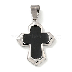 304 Stainless Steel Pendants, with Enamel, Cross Charm, Stainless Steel Color, Black, 32.5x24.5x3.5mm, Hole: 7x4.5mm(STAS-C102-07P-01)