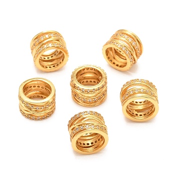 Brass Micro Pave Clear Cubic Zirconia European Beads, Long-Lasting Plated, Large Hole Bead, Column, Real 18K Gold Plated, 10x7mm, Hole: 7mm