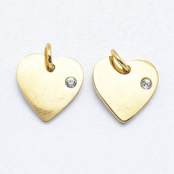 316 Surgical Stainless Steel Pendants, with Cubic Zirconia, Heart, Clear, Real 18K Gold Plated, 12x12x2mm, Hole: 3mm