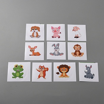 Paper Cartoon Animal Stickers, Self-adhesive Decals for Kid Craft, Mixed Color, Flat Round with Dog & Pig & Lion & Frog Pattern, Mixed Patterns, 74x84x0.2mm, sticker: 70mm, 10pcs/bag