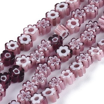 Handmade Millefiori Glass Bead Strands, Flower, Purple, 3.7~5.6x2.6mm, Hole: 1mm, about 88~110pcs/Strand, 15.75''(40cm)