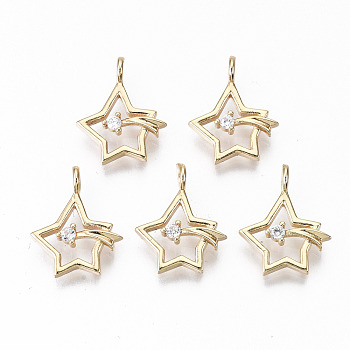 Brass Micro Pave Cubic Zirconia Pendants, Light Gold, Long-Lasting Plated, Cadmium Free & Lead Free, Star & Meteor, Clear, 16x11x2.5mm, Hole: 2mm