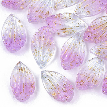 Two Tone Transparent Spray Painted Glass Pendants, with Glitter Powder, Frosted, Leaf, Orchid, 18.5x10x4mm, Hole: 1mm