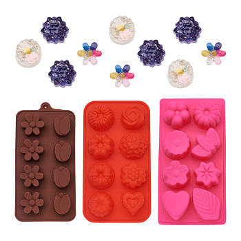 Boutigem 3Pcs 3 Colors Fondant Molds, Food Grade Silicone Molds, for Homemade Cake Chocolate Cupcake, UV Resin & Epoxy Resin Craft Making, Floral & Heart & Leaf & Round & Star & Flat Round, Mixed Color, 203~235x102~120x18.5~35mm, 1pc/color