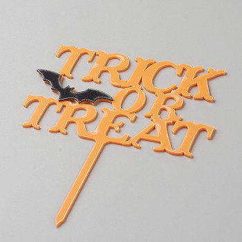 Acrylic Bat & Word Cake Insert Card Decoration, with Self Adhesive, for Halloween Cake Decoration, Word Trick or Treat, Orange, 130x100x1mm
