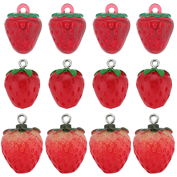 24Pcs 3 Styles Opaque & Transparent Resin Imitation Fruit Pendants, Strawberry Charms, Red, 22~23x15~17mm, Hole: 2mm, 8pcs/style