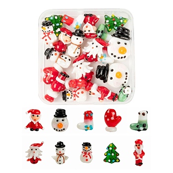 20Pcs 10 Style Christmas Themed Handmade Lampwork Beads, Snowman & Father Christmas & Santa Claus & Christmas Tree & Christmas Stocking & Christmas Gloves, Mixed Color, 15~27x10~20x7.5~17mm, Hole: 1.4~2mm