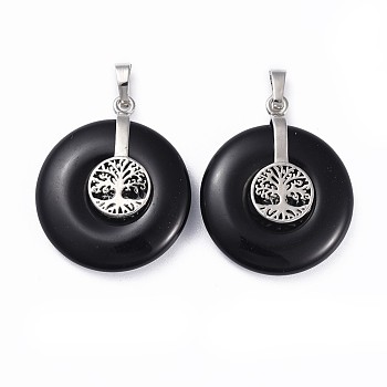 Natural Obsidian Pendants, with Platinum Tone Brass Findings, Donut/Pi Disc with Tree of Life, 35.5x30x8.5~9.5mm, Hole: 4.5x6.5mm
