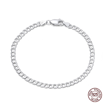 Rhodium Plated 925 Sterling Silver Curb Chain Bracelets, with S925 Stamp, Platinum, 7-1/2 inch(19cm)