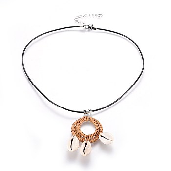 Cowrie Shell Pendant Necklaces, with Woven Linking Rings, 304 Stainless Steel Lobster Claw Clasps and Cowhide Leather Cord, Ring, Sandy Brown, 18.1 inch(46.2cm)