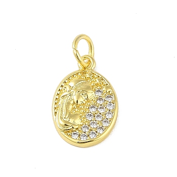 Brass Micro Pave Cubic Zirconia Pendants, with Jump Ring, Real 18K Gold Plated, Oval with Human, Clear, 14.5x10x2.5mm, Hole: 3mm