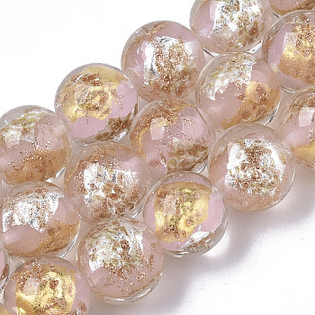 Handmade Gold Sand Lampwork Bead Strands, Half Silver Foil & Half Gold Foil, Round, Pink, 11.5~12.5x11~12mm, Hole: 1.2mm, about 45pcs/Strand, 20.08 inch