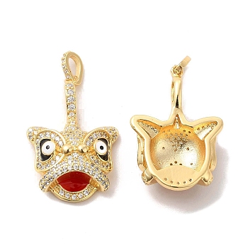 Brass Micro Pave Cubic Zirconia Pendants, with Enamel, Dancing Lion Head Charm, Golden, Clear, 30x20x7.5mm, Hole: 5.5x3mm