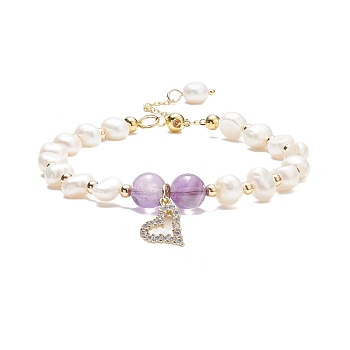 Natural Amethyst & Pearl Beaded Bracelet with Cubic Zirconia Heart Charm, Gemstone Jewelry for Women, Inner Diameter: 2-1/8~2-5/5 inch(5.4~6.8cm)