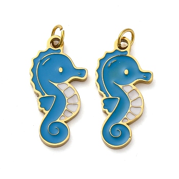 304 Stainless Steel Enamel Pendants, with Jump Ring, Sea Horse Charms, Ion Plating(IP), Real 18K Gold Plated, Dodger Blue, 20x10x1.5mm, Hole: 2.4mm