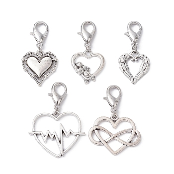 Valentine's Day Tibetan Style Alloy Pendant Decorations, with Zinc Alloy Lobster Claw Clasps, Heart, Antique Silver, 36~41mm
