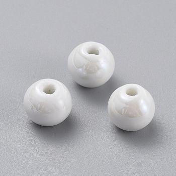 Handmade Porcelain Beads, Pearlized, Round, White, 10mm, Hole: 2~3mm