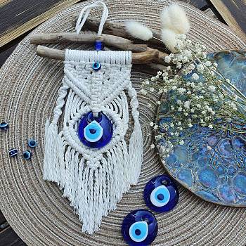 Cotton and Linen Cord Macrame Woven Tassel Wall Hanging, Glass Evil Eye Hanging Ornament with Wood Sticks, for Home Decoration, White, 300x120mm