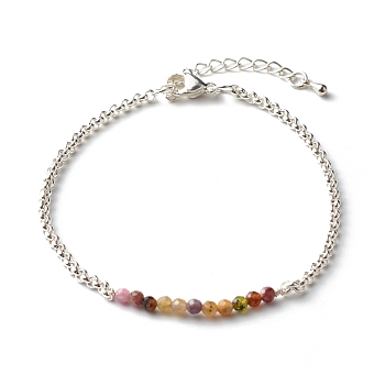 Natural Tourmaline Beaded Bracelets, with 304 Stainless Steel Rolo Chain, 7.48 inch(190mm)