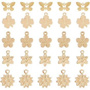 50Pcs 5 Style Rack Plating Brass Charms, Long-Lasting Plated, Cadmium Free & Lead Free, Flower & Clover & Butterfly, Mixed Color, 9~11x6.5~13.4x0.4~1mm, Hole: 0.8~1.2mm, 10pcs/style