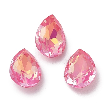 Glass Rhinestone Cabochons, Point Back & Back Plated, Faceted, Teardrop, Fuchsia, 14x10x5.5mm