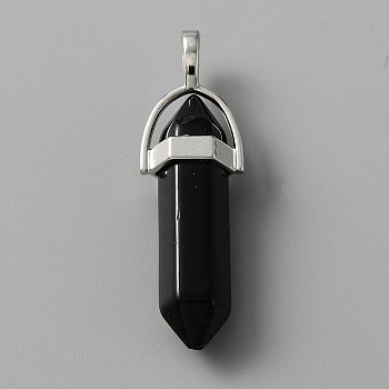 Natural Obsidian Double Terminal Pointed Pendants, with Platinum Tone Zinc Alloy Findings, Faceted Bullet Charm, 41~43x13.5x10mm, Hole: 3.5x5.5mm