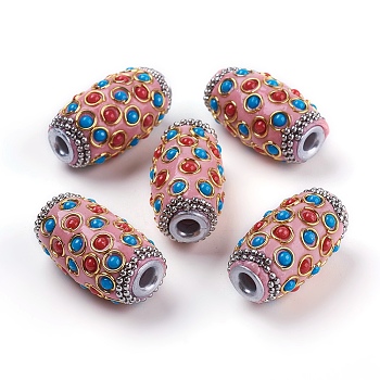 Handmade Indonesia Beads, with Metal Findings and Resin Cabochons, Platinum & Golden, Oval, Pink, 32x16.5~17mm, Hole: 4.5mm